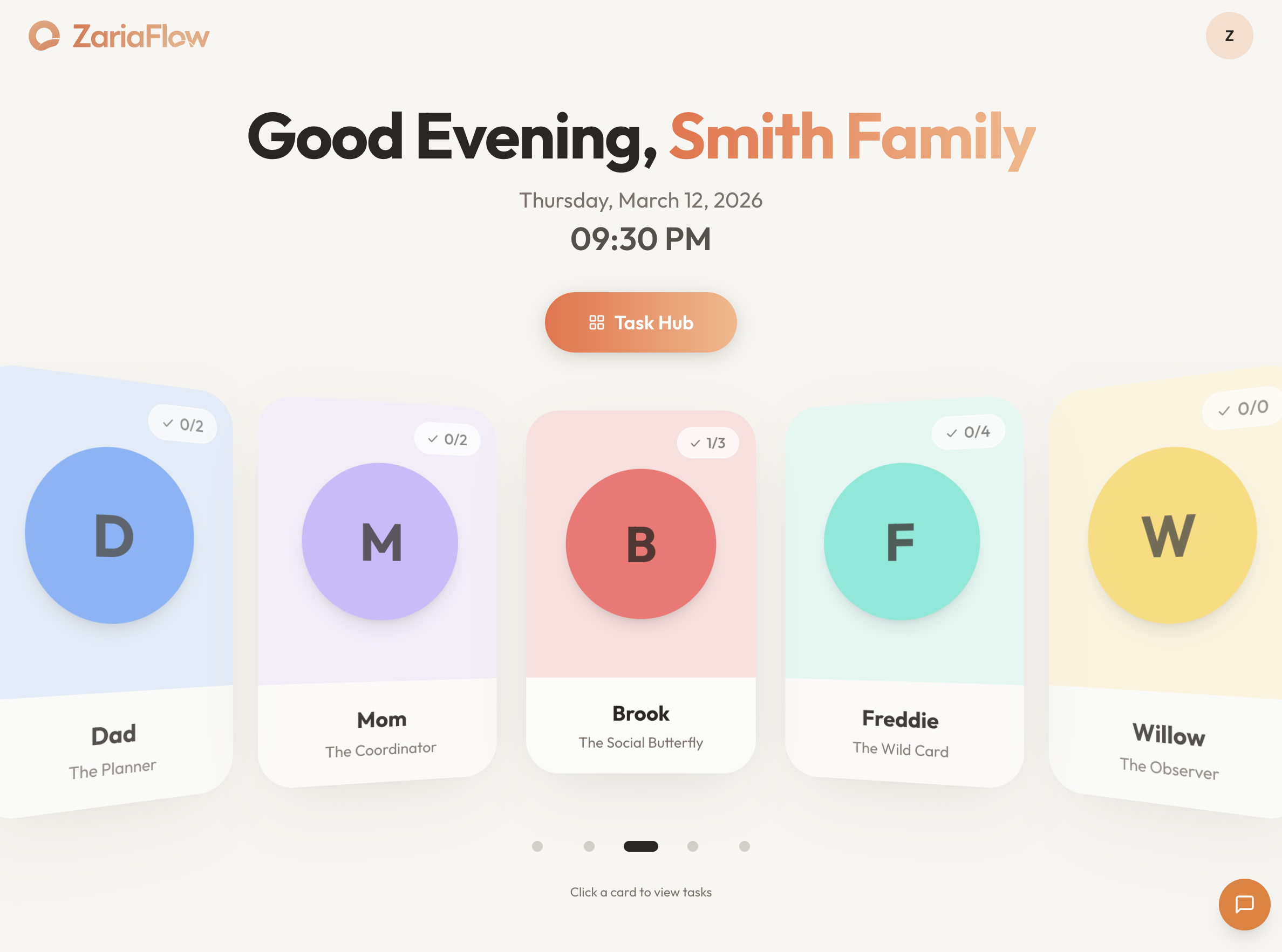 ZariaFlow family dashboard